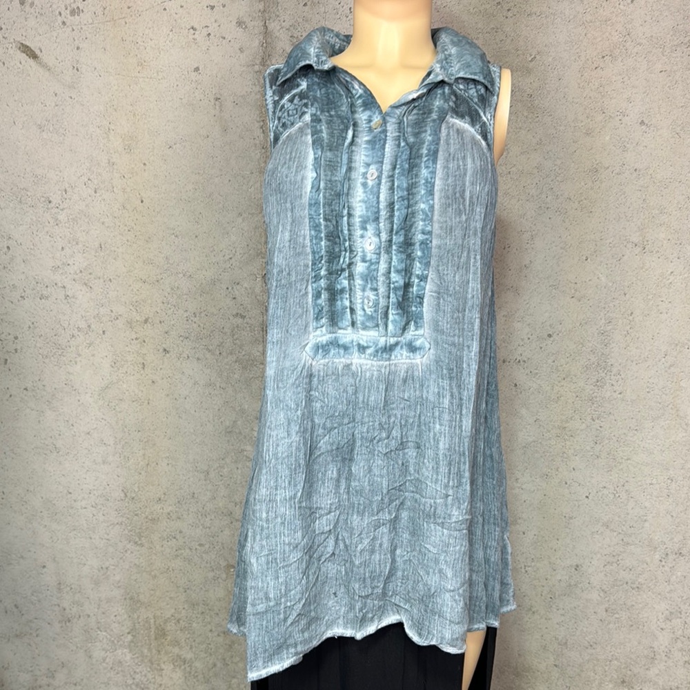 Free People Oversized Gauze Linen Flowy Collared Tank Top Washed Blue M - Picture 2 of 9